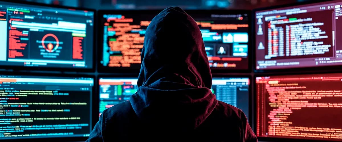 A hacker in front of screens — social engineering and remote‑access attacks