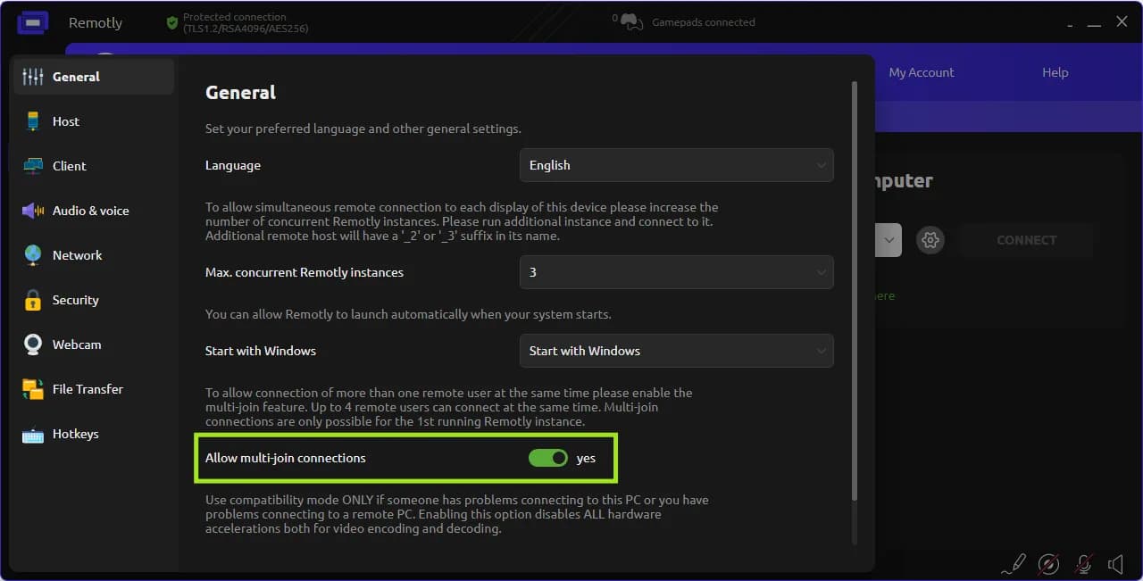 Remotly settings — allowing multi‑join connections