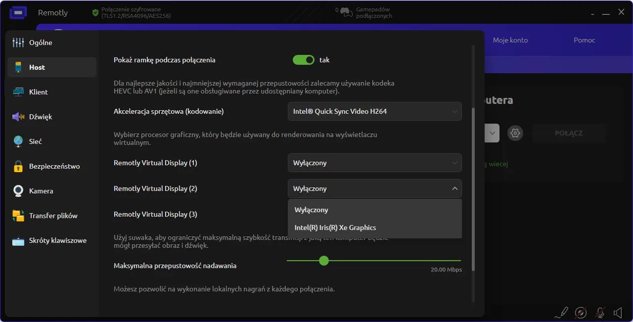 Ustawienia Remotly — przypisywanie GPU do wirtualnych monitorów